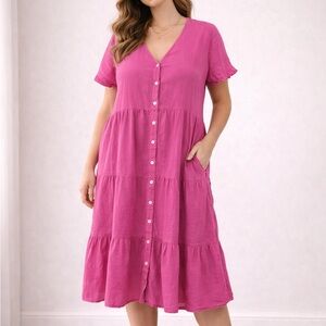Giocam Pink Gauze Button Front Midi Dress 1X Boho Cottagecore Tiered Beach